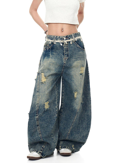 Faded & Distressed Curve Cut Jeans Korean Street Fashion Jeans By Blacklists Shop Online at OH Vault