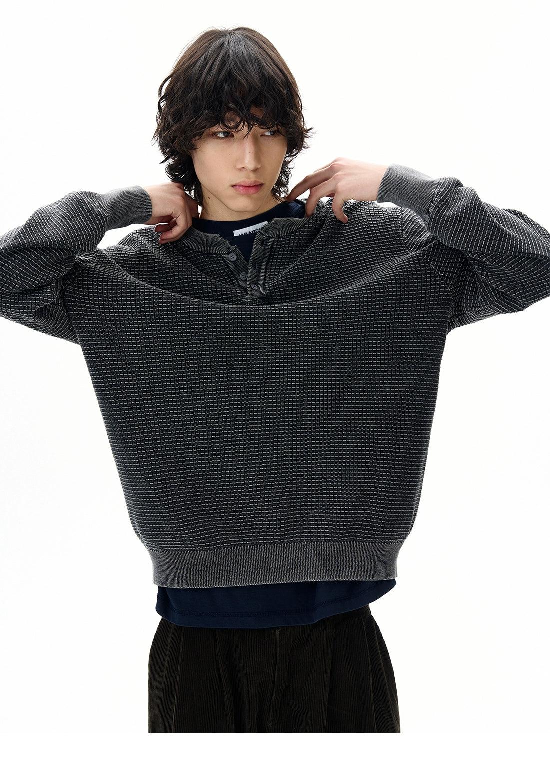 Henley Collar Textured Crewneck Korean Street Fashion Crewneck By 77Flight Shop Online at OH Vault