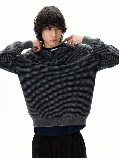 Henley Collar Textured Crewneck Korean Street Fashion Crewneck By 77Flight Shop Online at OH Vault