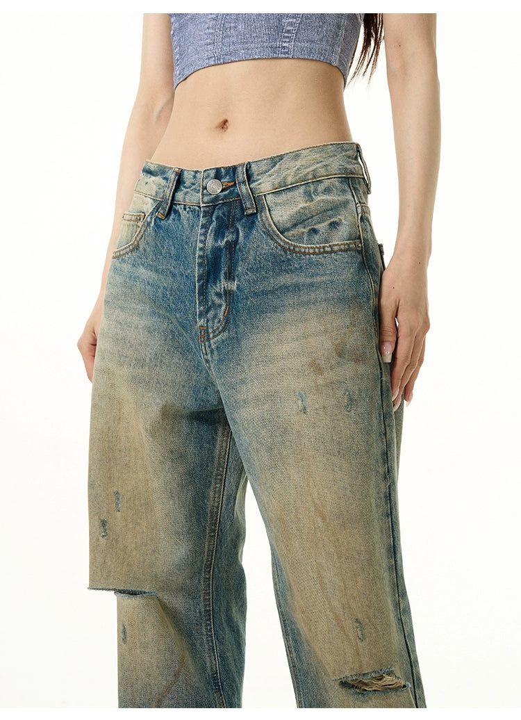 Rustic Wash Ripped Jeans Korean Street Fashion Jeans By 77Flight Shop Online at OH Vault