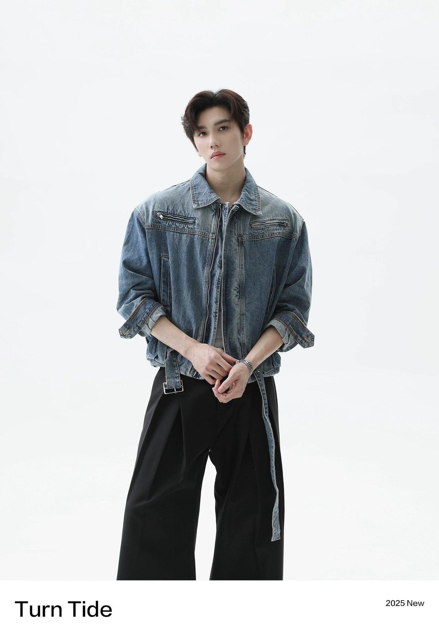 Faded Belt Strap Denim Jacket Korean Street Fashion Jacket By Turn Tide Shop Online at OH Vault