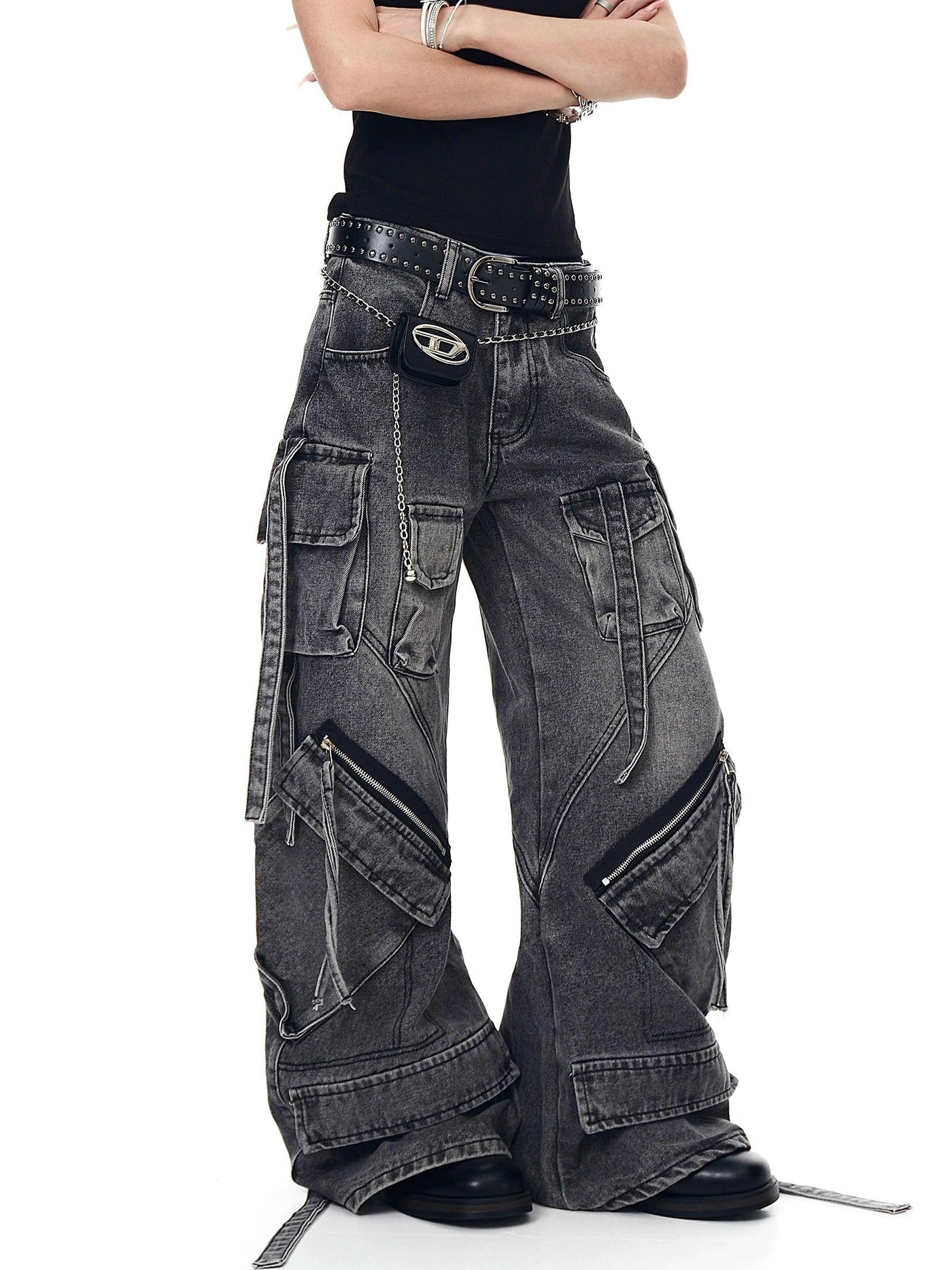 Tilted and Strapped Pockets Jeans Korean Street Fashion Jeans By Blacklists Shop Online at OH Vault