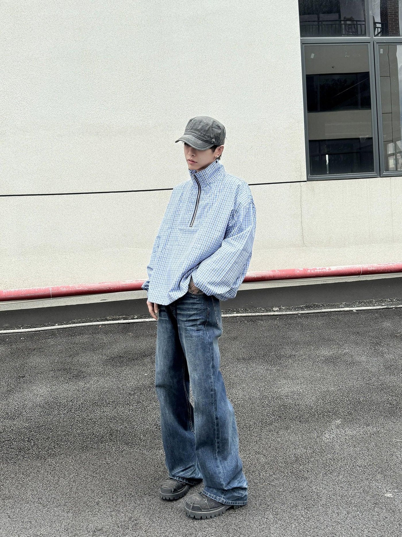 Half-Zipped Plaid Shirt Korean Street Fashion Shirt By Ash Dark Shop Online at OH Vault