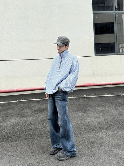 Half-Zipped Plaid Shirt Korean Street Fashion Shirt By Ash Dark Shop Online at OH Vault