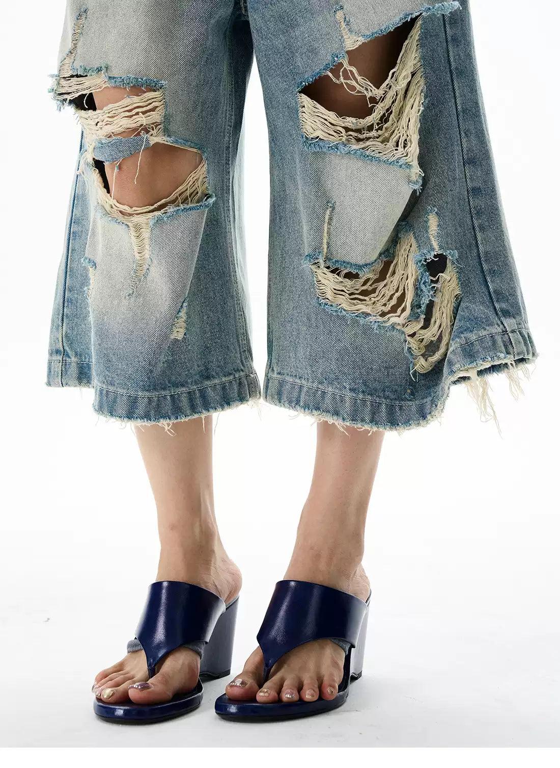 Extra Distressed Denim Shorts Korean Street Fashion Shorts By 77Flight Shop Online at OH Vault
