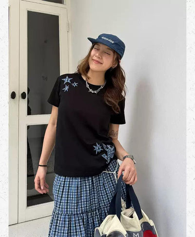 Patched Plaid Stars T-Shirt Korean Street Fashion T-Shirt By Made Extreme Shop Online at OH Vault