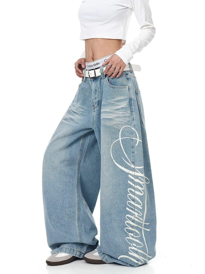Cursive Print Faded Whiskers Wide Jeans Korean Street Fashion Jeans By Blacklists Shop Online at OH Vault