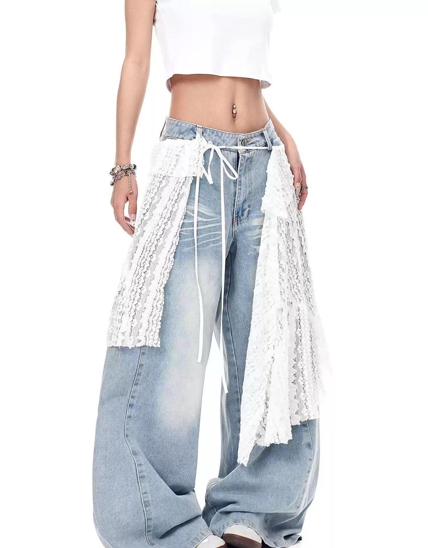 Lace Fabric Layered Jeans Korean Street Fashion Jeans By Blacklists Shop Online at OH Vault