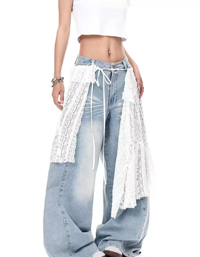 Lace Fabric Layered Jeans Korean Street Fashion Jeans By Blacklists Shop Online at OH Vault