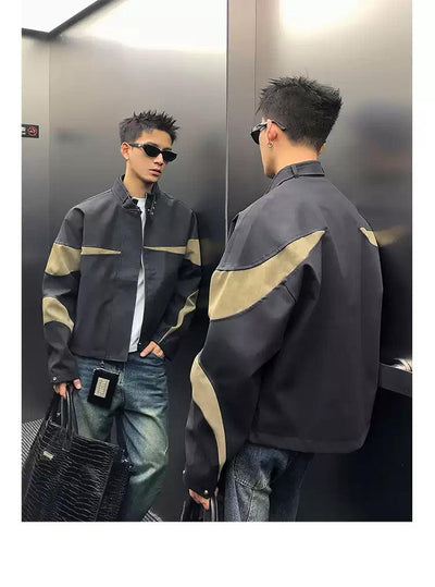 Contrast Buckled Strap Moto Jacket Korean Street Fashion Jacket By Poikilotherm Shop Online at OH Vault