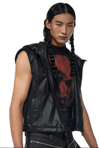 Stars Patched Hooded PU Leather Vest Korean Street Fashion Vest By Slim Black Shop Online at OH Vault