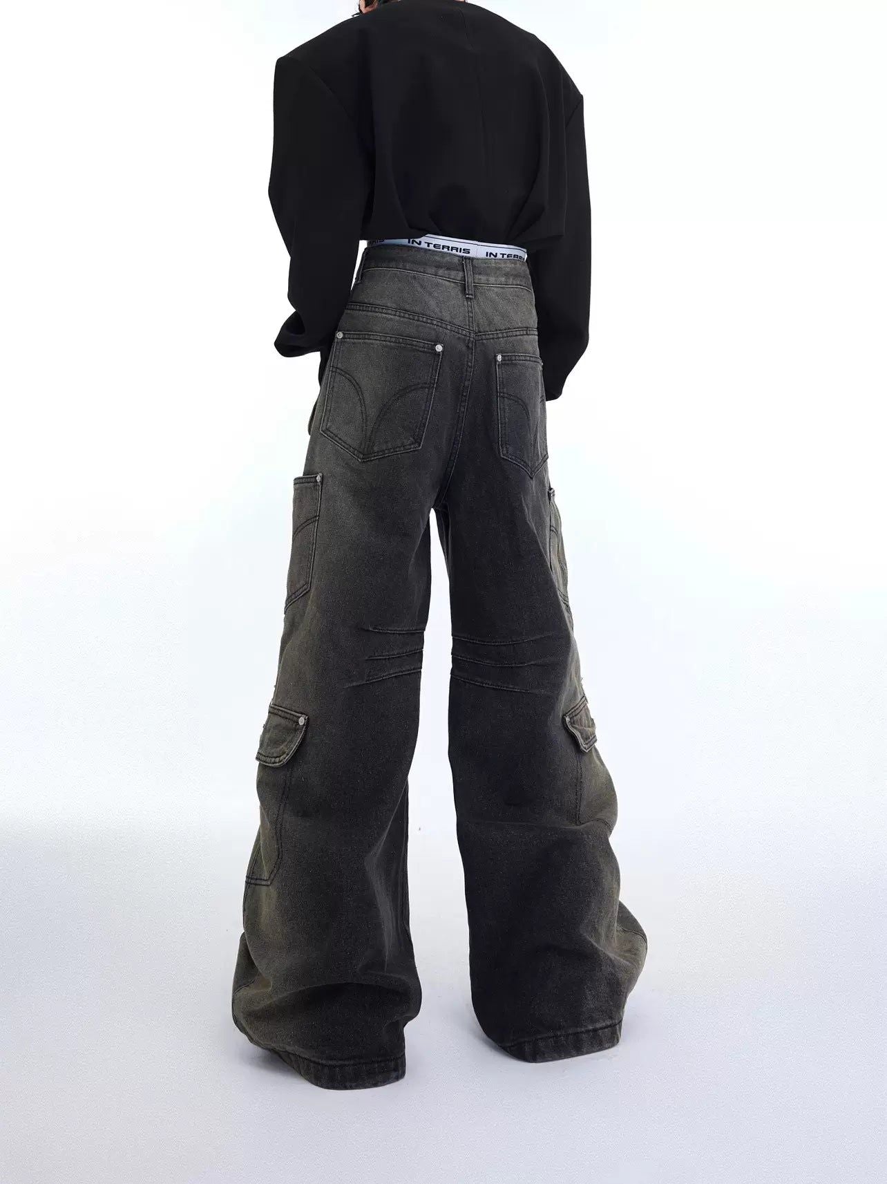 Washed Pocket & Zipper Structured Jeans Korean Street Fashion Jeans By Argue Culture Shop Online at OH Vault