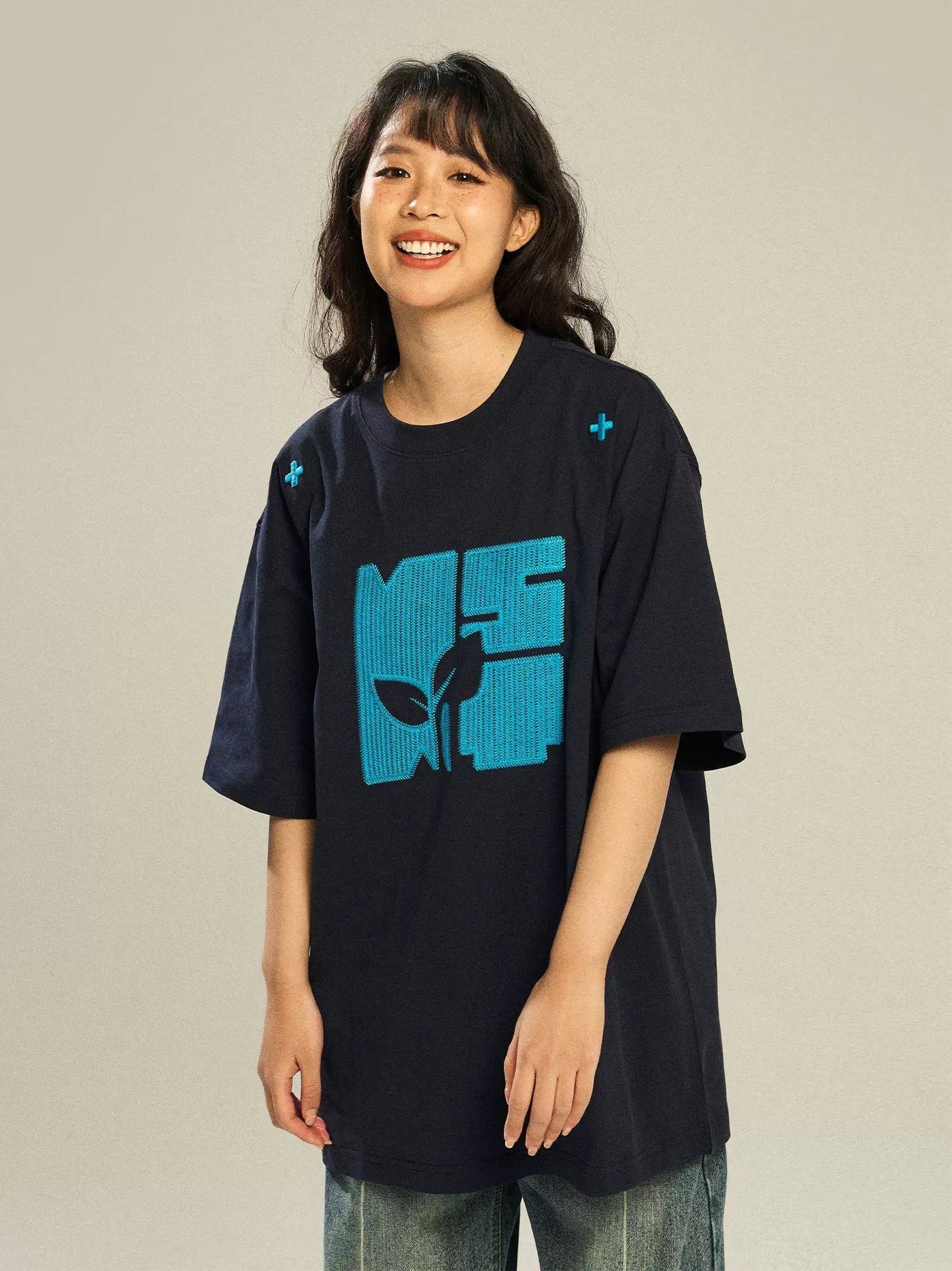 Textured Stitch Logo T-Shirt Korean Street Fashion T-Shirt By New Start Shop Online at OH Vault