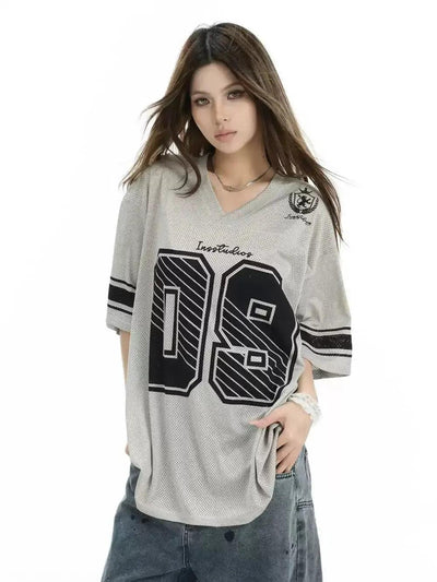 Mesh V-Neck Jersey T-Shirt Korean Street Fashion T-Shirt By INS Korea Shop Online at OH Vault