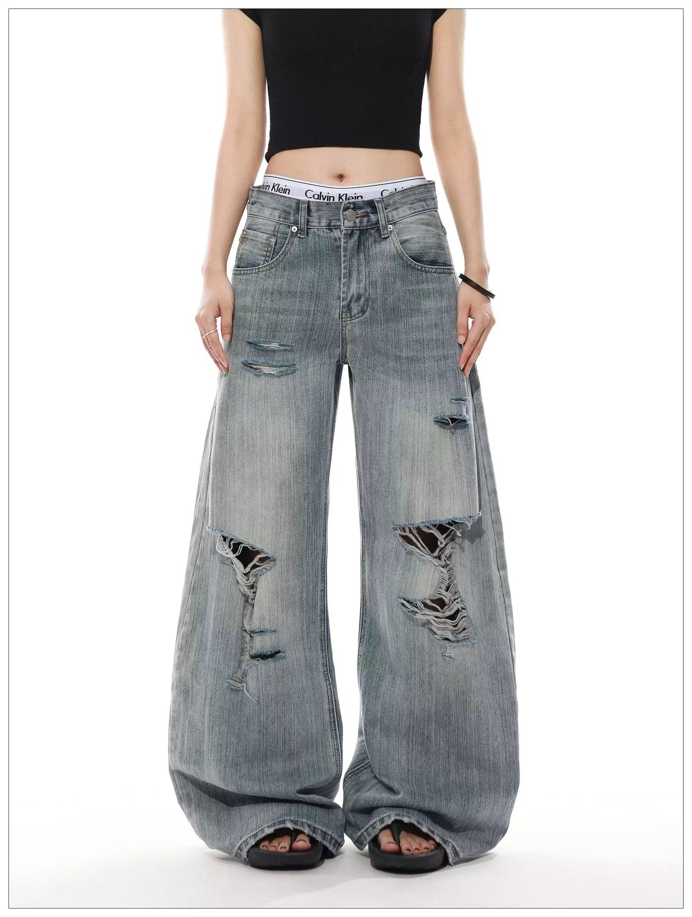 Textured Distressed Wide Jeans Korean Street Fashion Jeans By Mr Nearly Shop Online at OH Vault