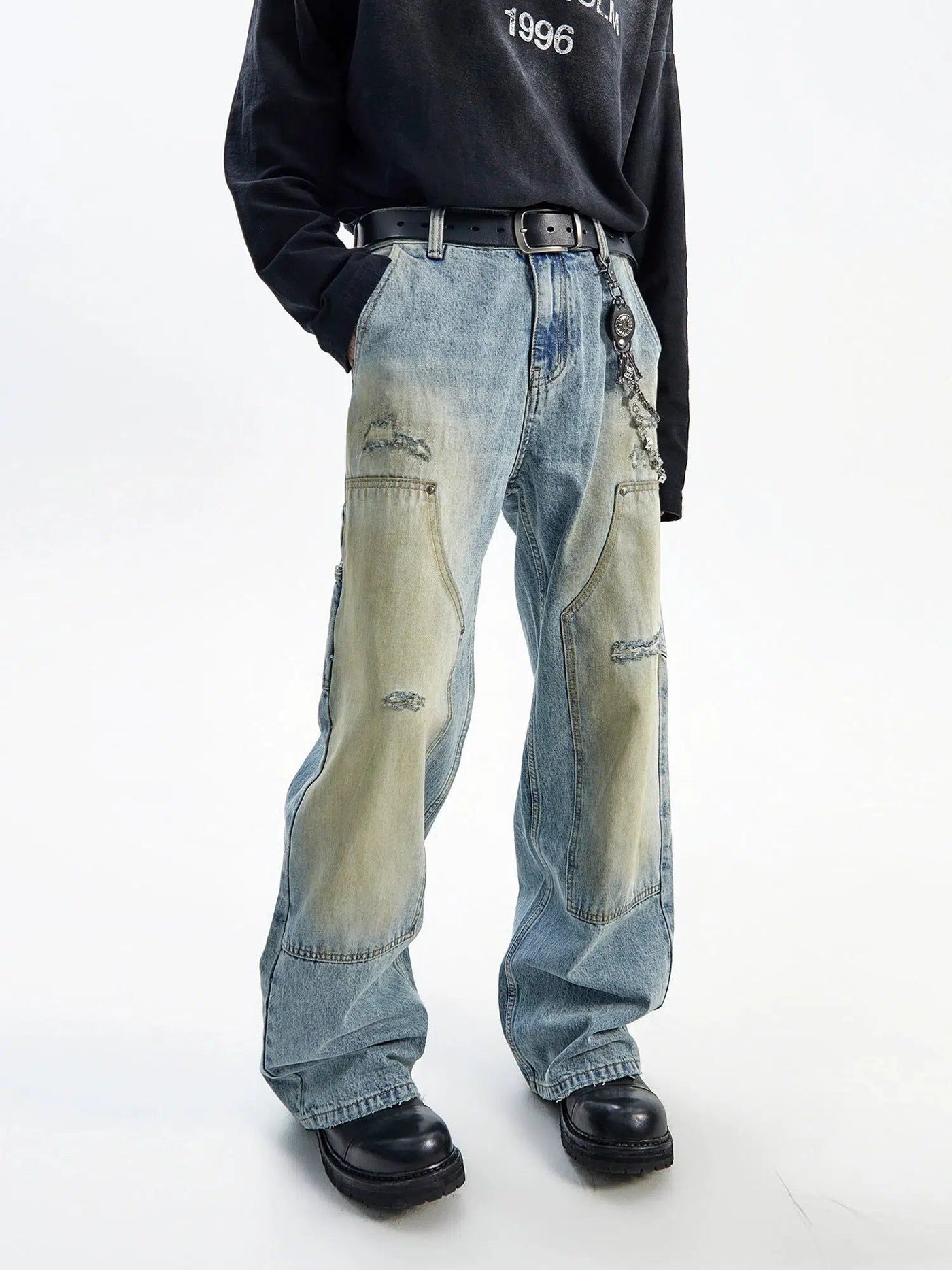 Distressed Double-Knee Flared Jeans Korean Street Fashion Jeans By Ash Dark Shop Online at OH Vault