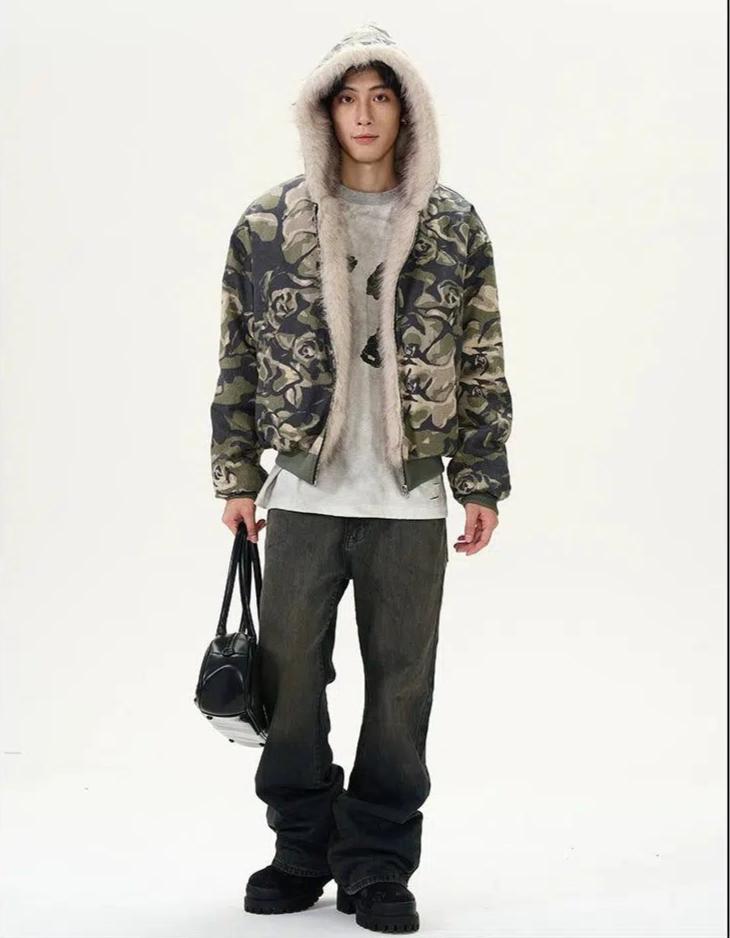 Camouflage Fur Line Zip-Up Jacket Korean Street Fashion Jacket By 77Flight Shop Online at OH Vault