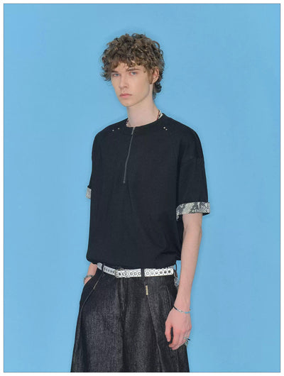 Contrast Spliced Sleeve Half-Zipped T-Shirt Korean Street Fashion T-Shirt By Mr Nearly Shop Online at OH Vault