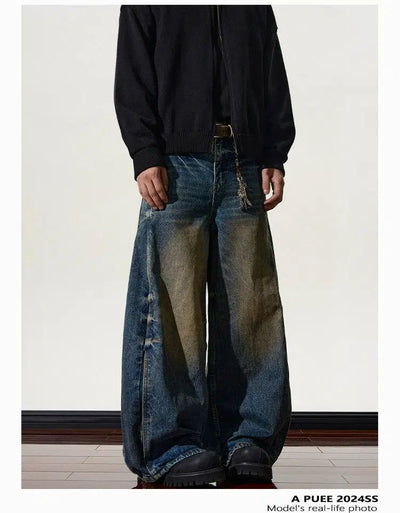 Mud-Dyed Whiskers Wide Jeans Korean Street Fashion Jeans By A PUEE Shop Online at OH Vault