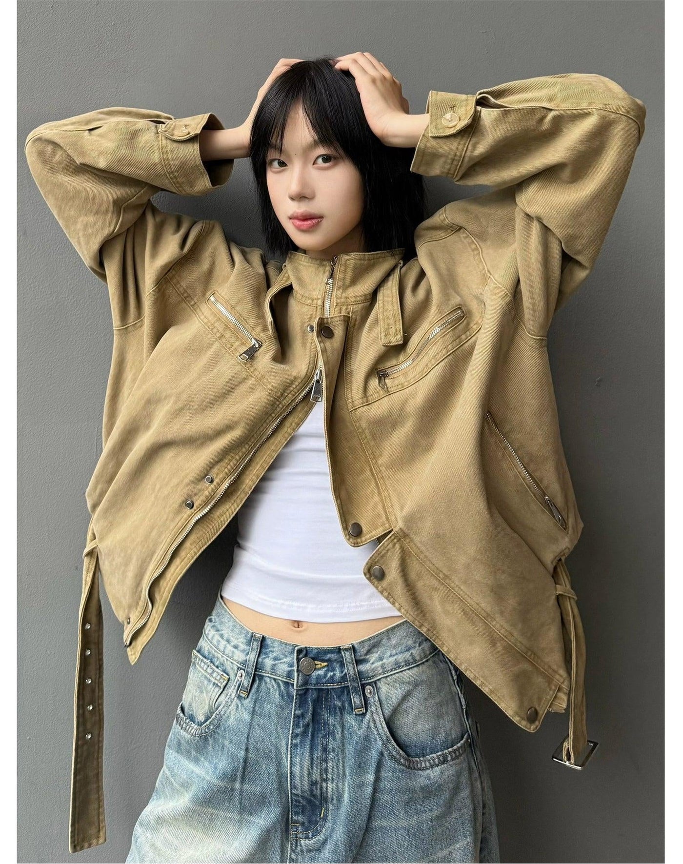 Buckled Zip Pocket Denim Jacket Korean Street Fashion Jacket By MaxDstr Shop Online at OH Vault