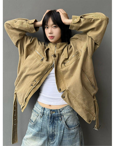 Buckled Zip Pocket Denim Jacket Korean Street Fashion Jacket By MaxDstr Shop Online at OH Vault