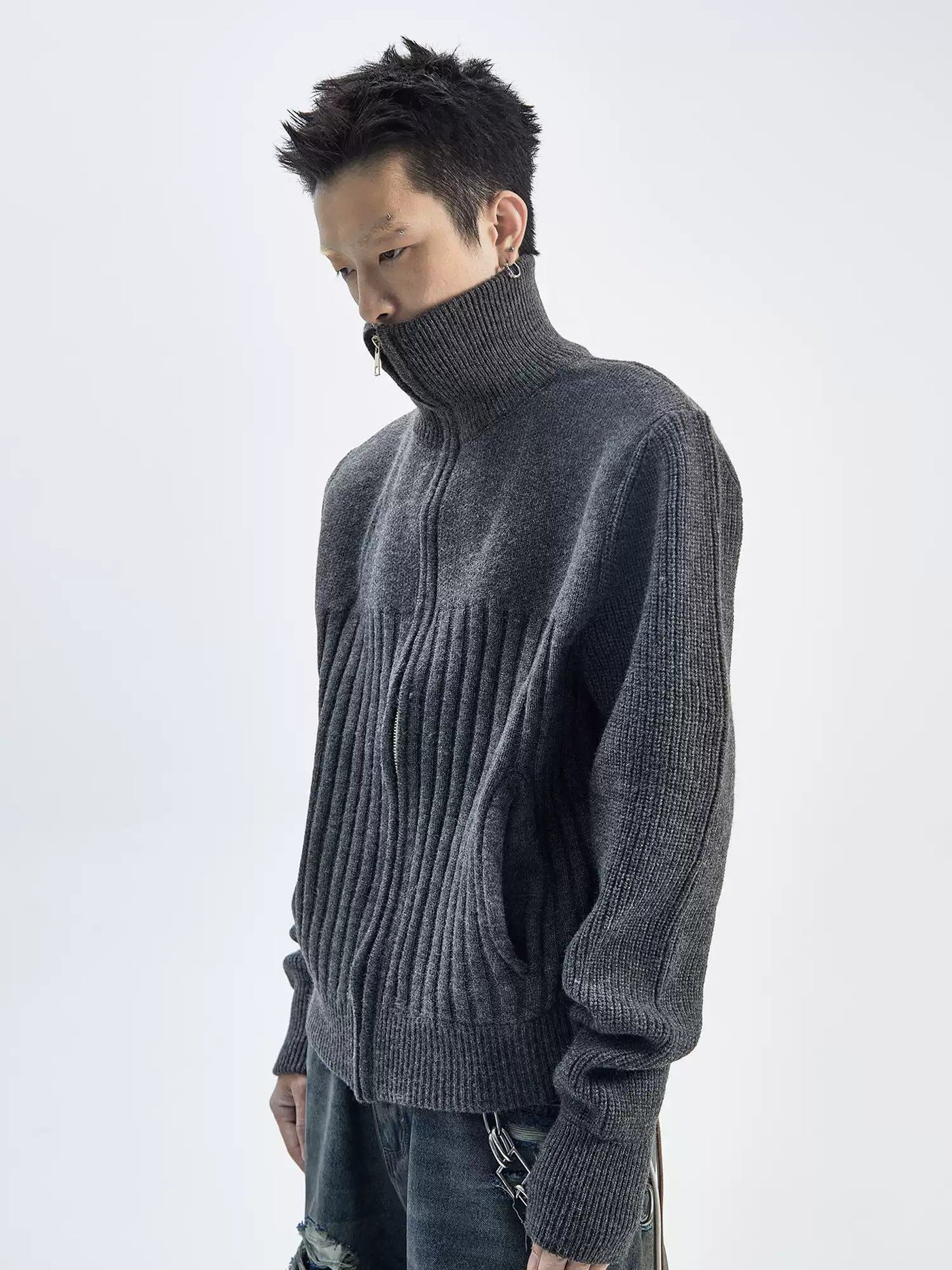 Ribbed Zip-Up Slim Sweater Korean Street Fashion Sweater By Ash Dark Shop Online at OH Vault