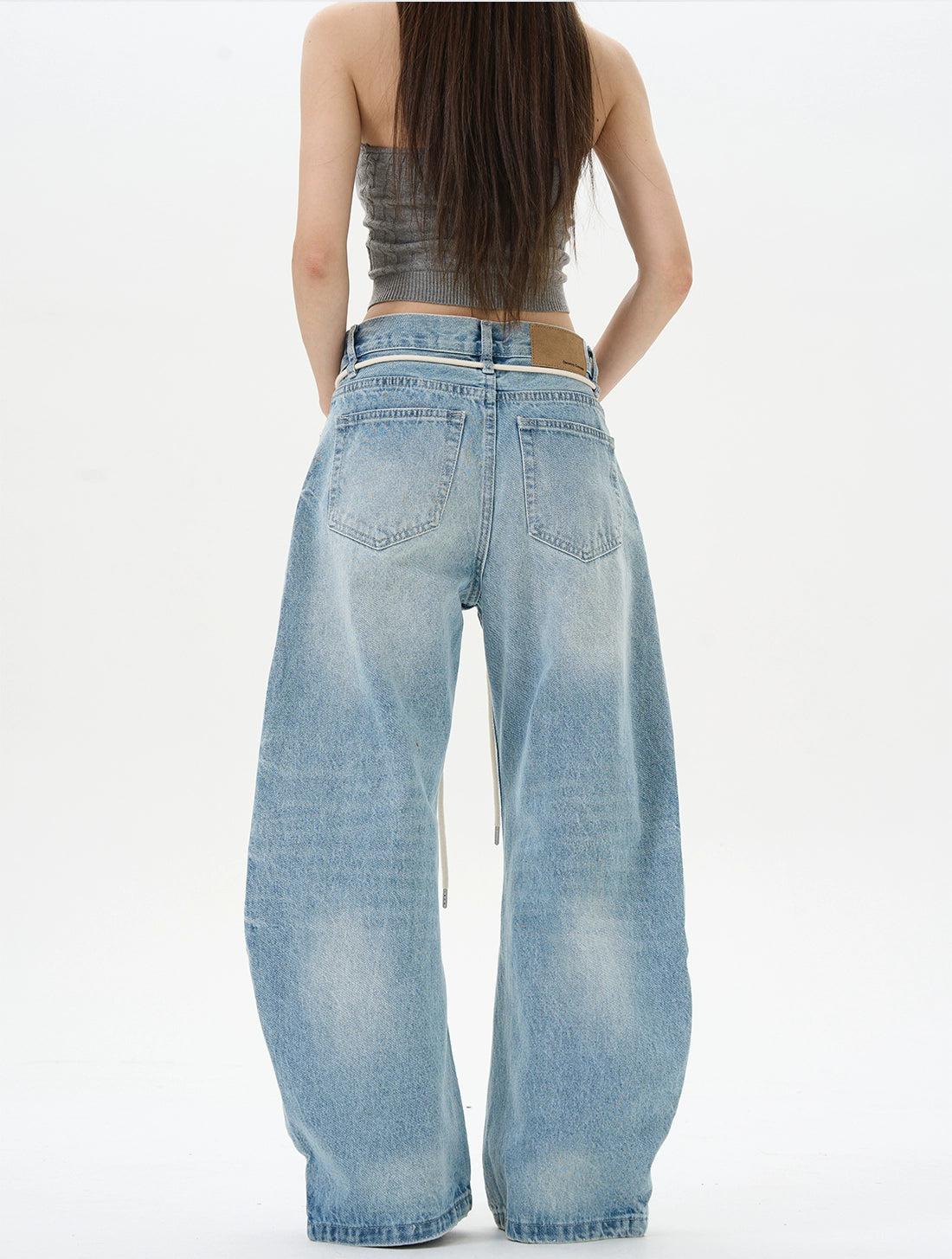 Light Washed Drawstring Waist Jeans Korean Street Fashion Jeans By 77Flight Shop Online at OH Vault