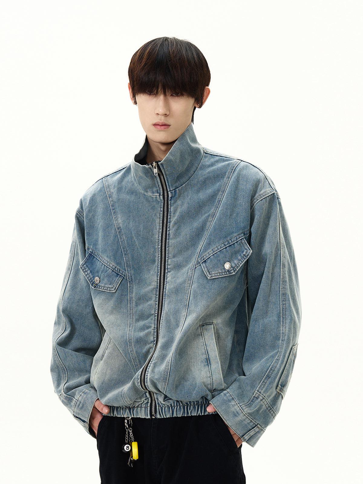 Washed Structured Zipped Denim Jacket Korean Street Fashion Jacket By A PUEE Shop Online at OH Vault