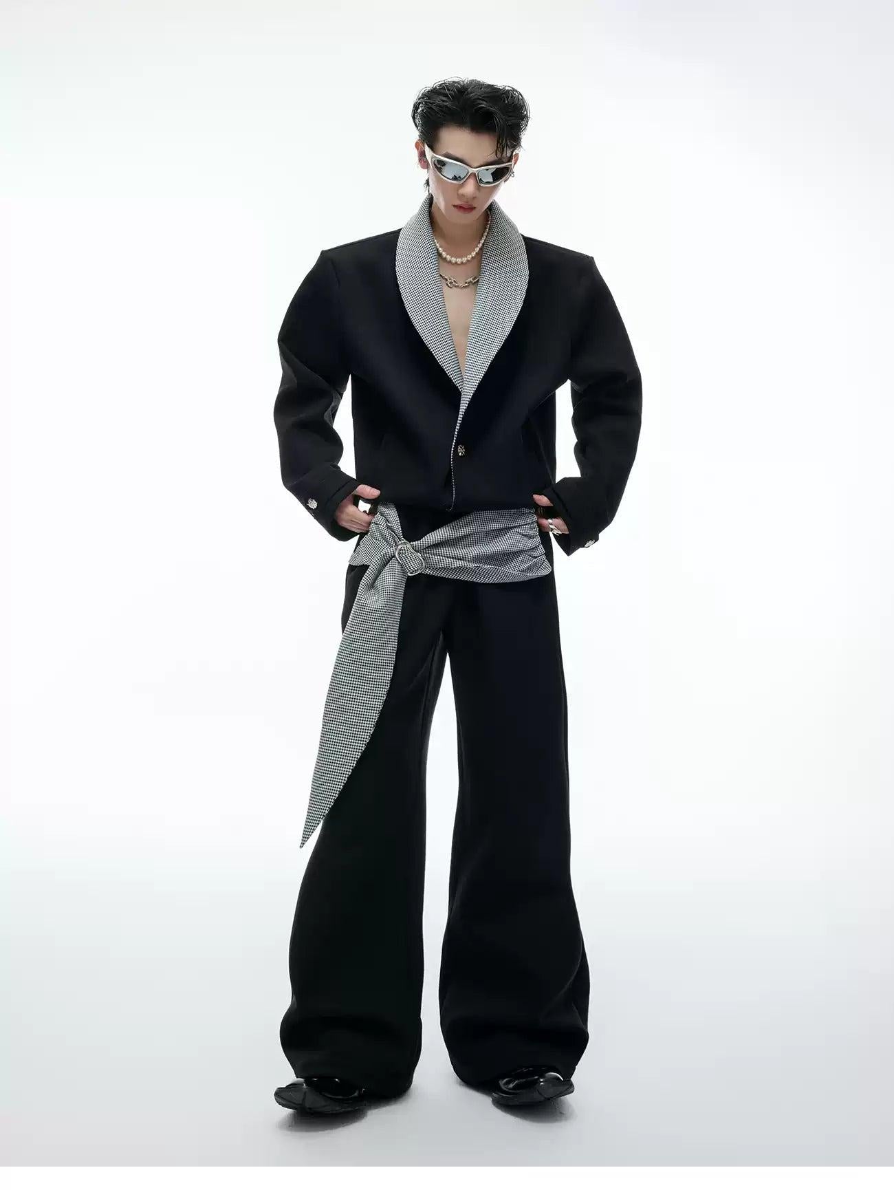 Spliced Houndstooth V-Neck Blazer& Lace-Up Drape Pants Set Korean Street Fashion Clothing Set By Argue Culture Shop Online at OH Vault