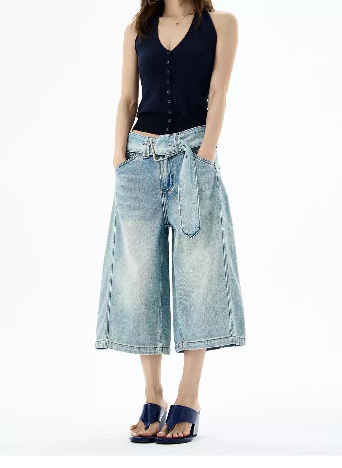 Wide Belt Strap Denim Shorts Korean Street Fashion Shorts By 77Flight Shop Online at OH Vault