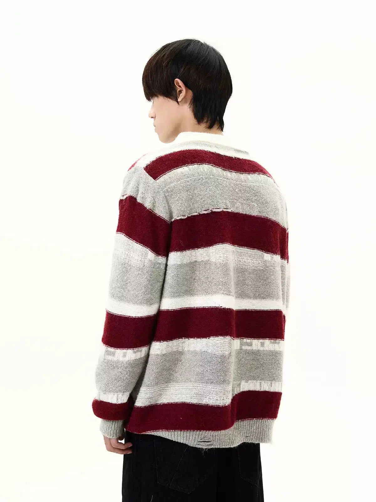 Contrast Striped Collared V-Neck Sweater Korean Street Fashion Sweater By A PUEE Shop Online at OH Vault