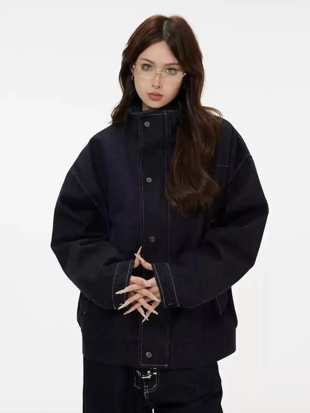 High Neck Raw Denim Jacket Korean Street Fashion Jacket By INS Korea Shop Online at OH Vault