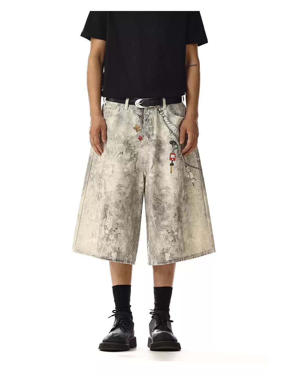 Smudged & Printed Denim Shorts Korean Street Fashion Shorts By MEBXX Shop Online at OH Vault
