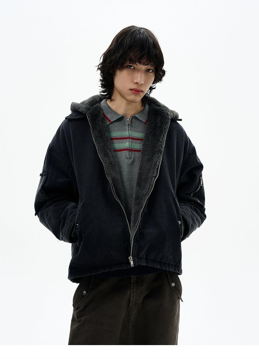 Fuzzy Multi-Pocket Zip-Up Hoodie Korean Street Fashion Hoodie By 77Flight Shop Online at OH Vault