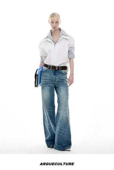 Beaded Seam Wide Flared Jeans Korean Street Fashion Jeans By Argue Culture Shop Online at OH Vault