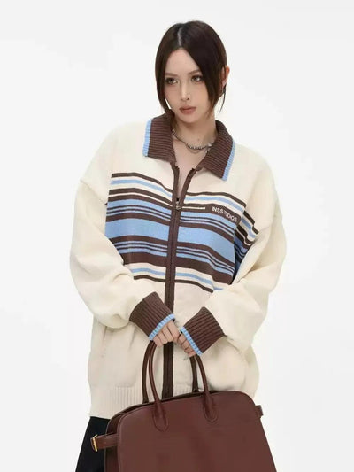 Striped Colors Zipped Sweater Korean Street Fashion Sweater By INS Korea Shop Online at OH Vault