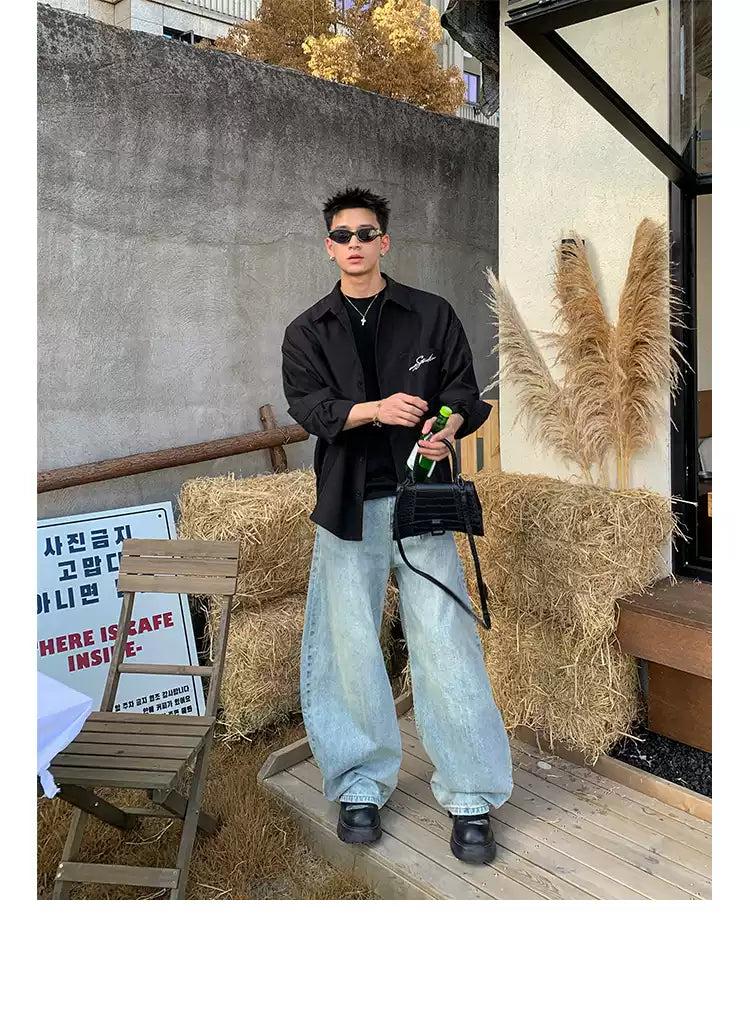 Washed & Faded Wide Jeans Korean Street Fashion Jeans By Poikilotherm Shop Online at OH Vault