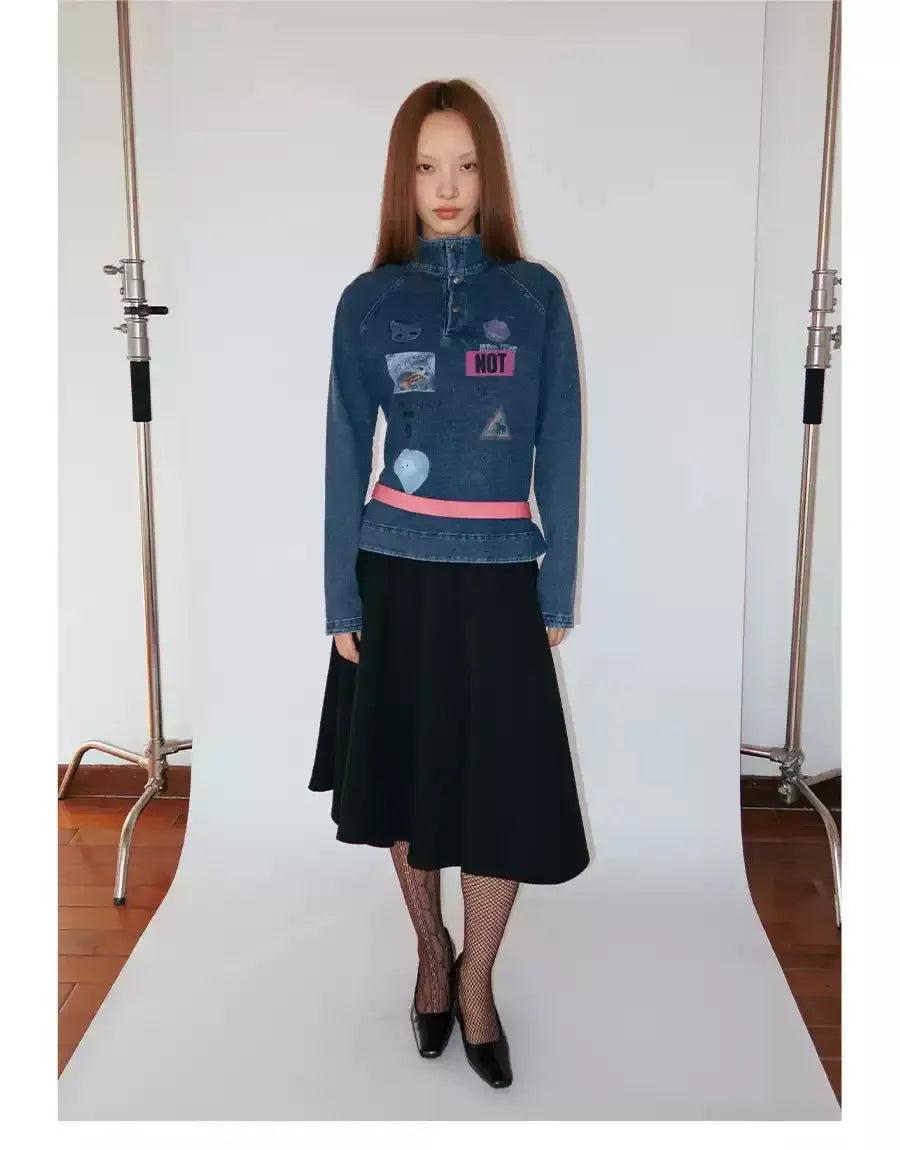 Boxy Fit Graphic Denim Half-Buttoned Shirt Korean Street Fashion Shirt By Funky Fun Shop Online at OH Vault