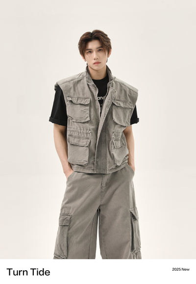 Washed Pocket Detail Denim Vest & Loose Fit Cargo Pants Set Korean Street Fashion Clothing Set By Turn Tide Shop Online at OH Vault