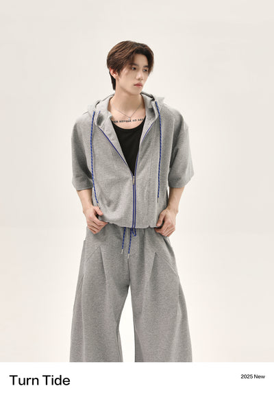 Contrast Drawstring Zipped Hoodie & Pleated Sweatpants Set Korean Street Fashion Clothing Set By Turn Tide Shop Online at OH Vault