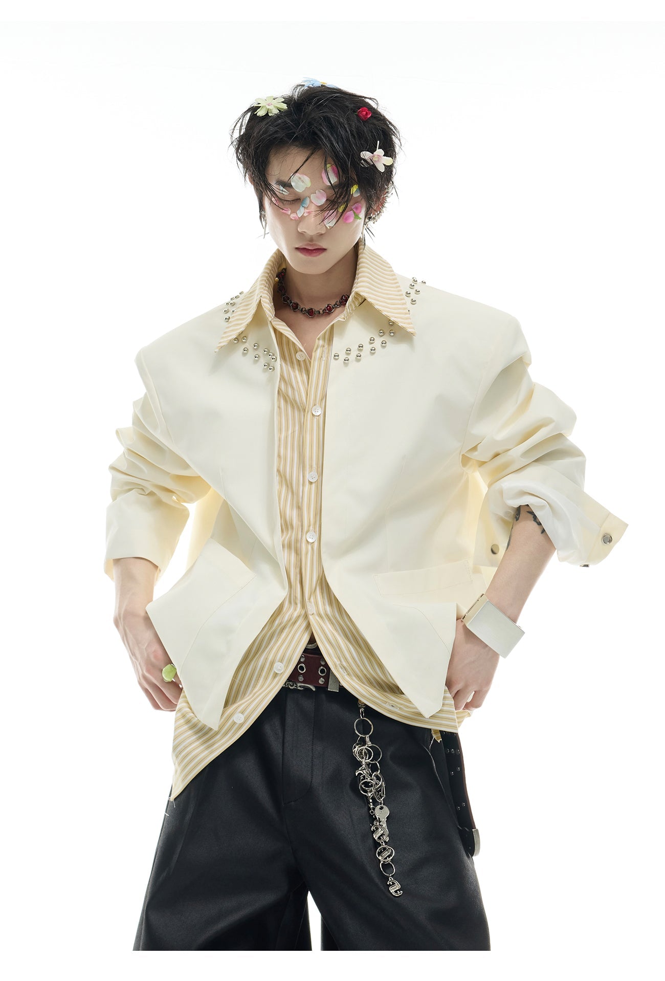 Two Piece Detailed Layer Striped Shirt Korean Street Fashion Shirt By Argue Culture Shop Online at OH Vault