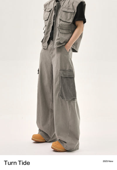 Washed Pocket Detail Denim Vest & Loose Fit Cargo Pants Set Korean Street Fashion Clothing Set By Turn Tide Shop Online at OH Vault
