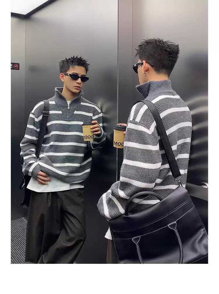 Two-Tone Striped Half-Zip Korean Street Fashion Half-Zip By Poikilotherm Shop Online at OH Vault