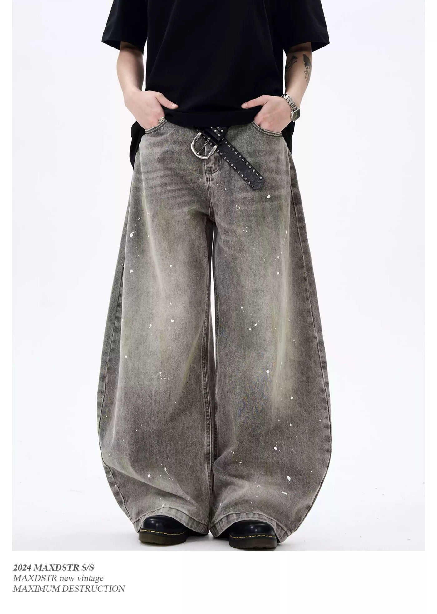 Washed Ink-Splash Wide Jeans Korean Street Fashion Jeans By MaxDstr Shop Online at OH Vault