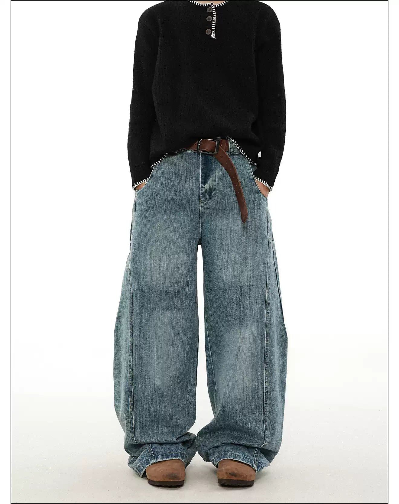 Structured Faded Wide Leg Jeans Korean Street Fashion Jeans By Mr Nearly Shop Online at OH Vault