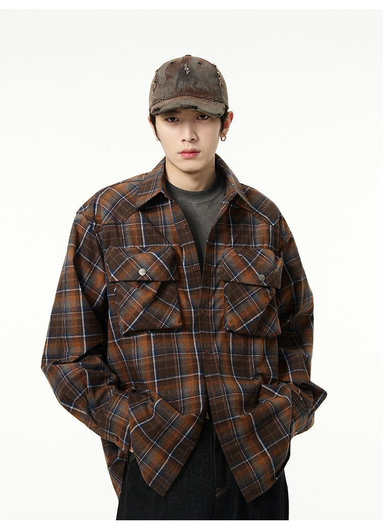 Embossed Pockets Plaid Shirt Korean Street Fashion Shirt By 77Flight Shop Online at OH Vault