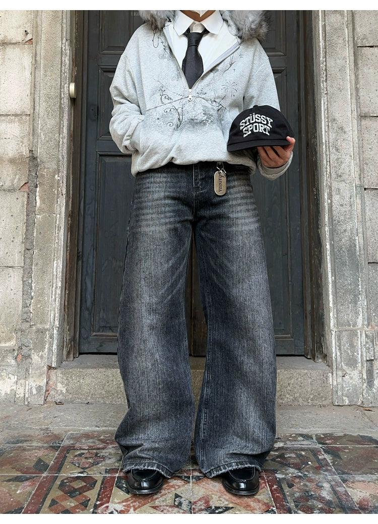 Faded Whisker Lines Wide Jeans Korean Street Fashion Jeans By FATE Shop Online at OH Vault