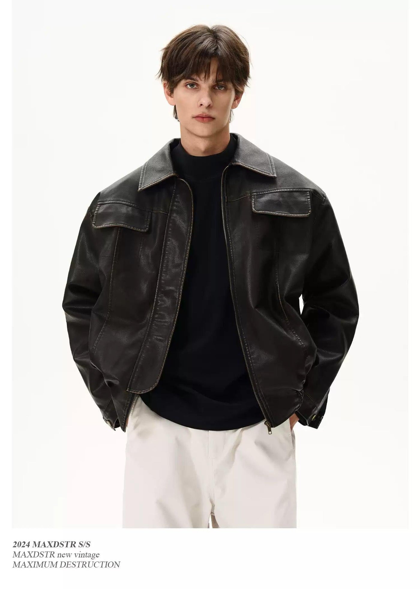 Distressed Edges Moto PU Leather Jacket Korean Street Fashion Jacket By MaxDstr Shop Online at OH Vault