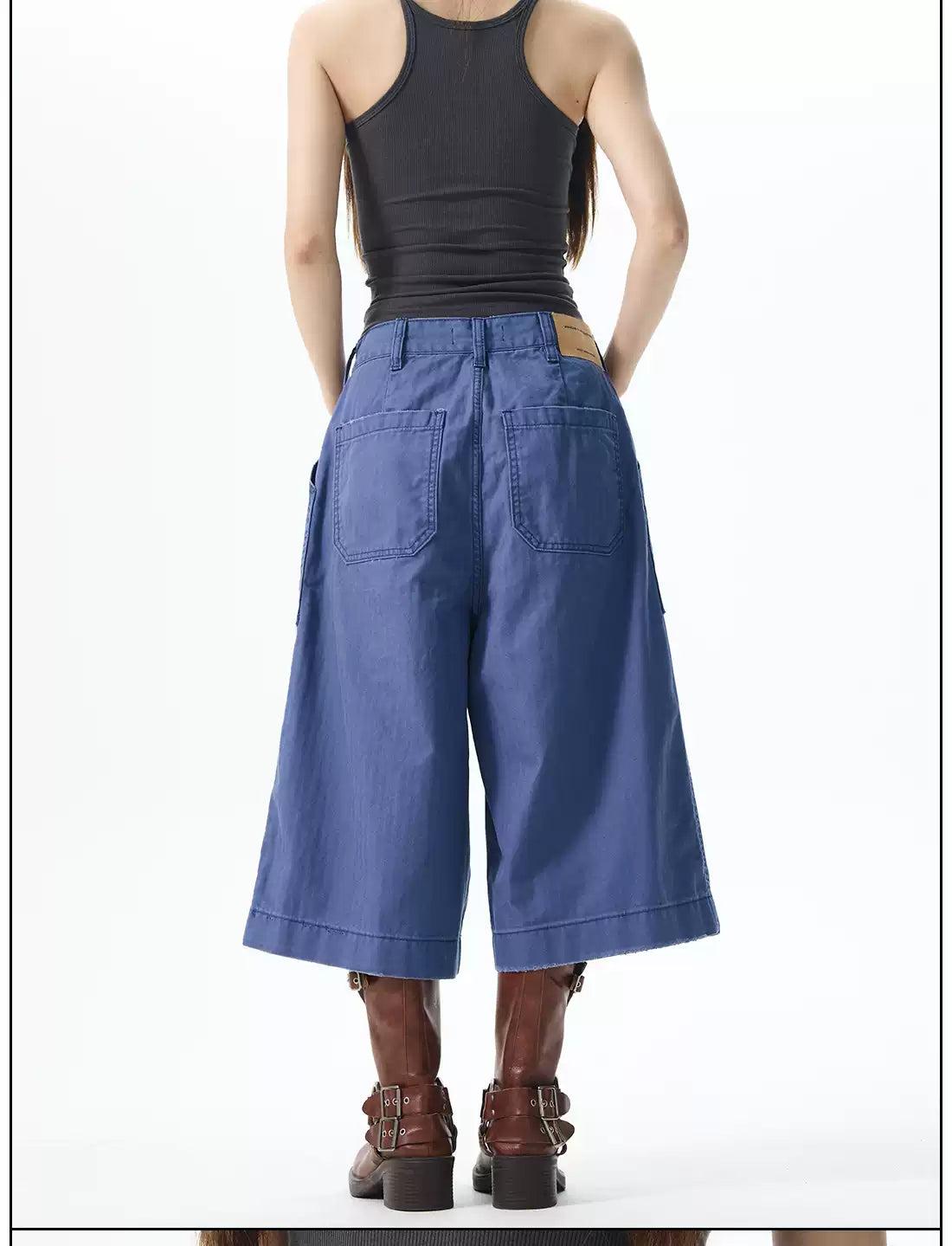 Retro Blue Wide Cargo Shorts Korean Street Fashion Shorts By 77Flight Shop Online at OH Vault