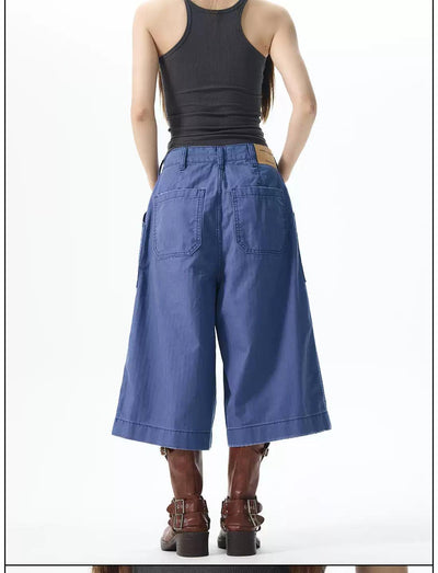 Retro Blue Wide Cargo Shorts Korean Street Fashion Shorts By 77Flight Shop Online at OH Vault